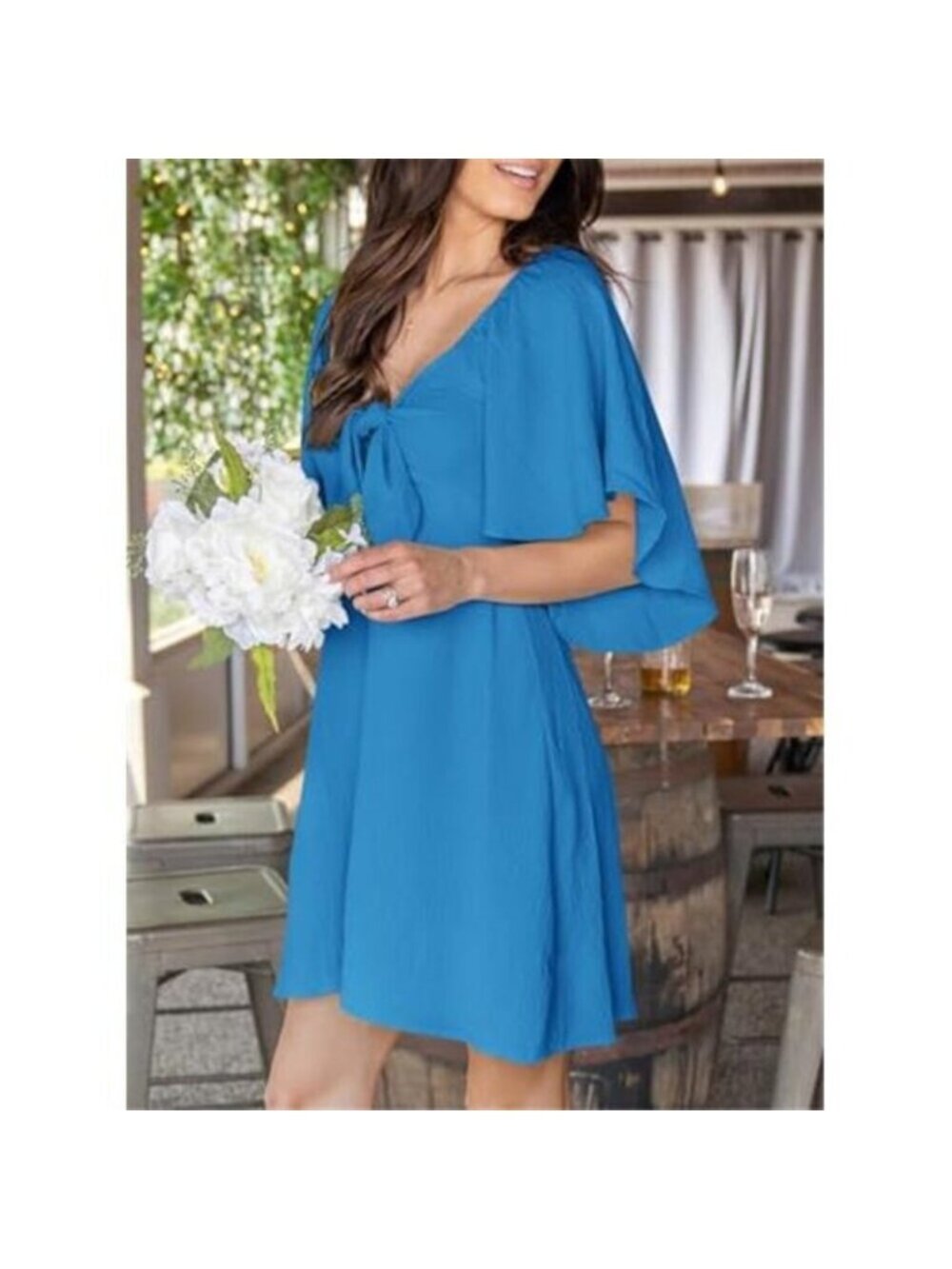 Women's Dress Summer Deep V Neck Elegant Bow tie Mini Dress - Picture 3 of 5